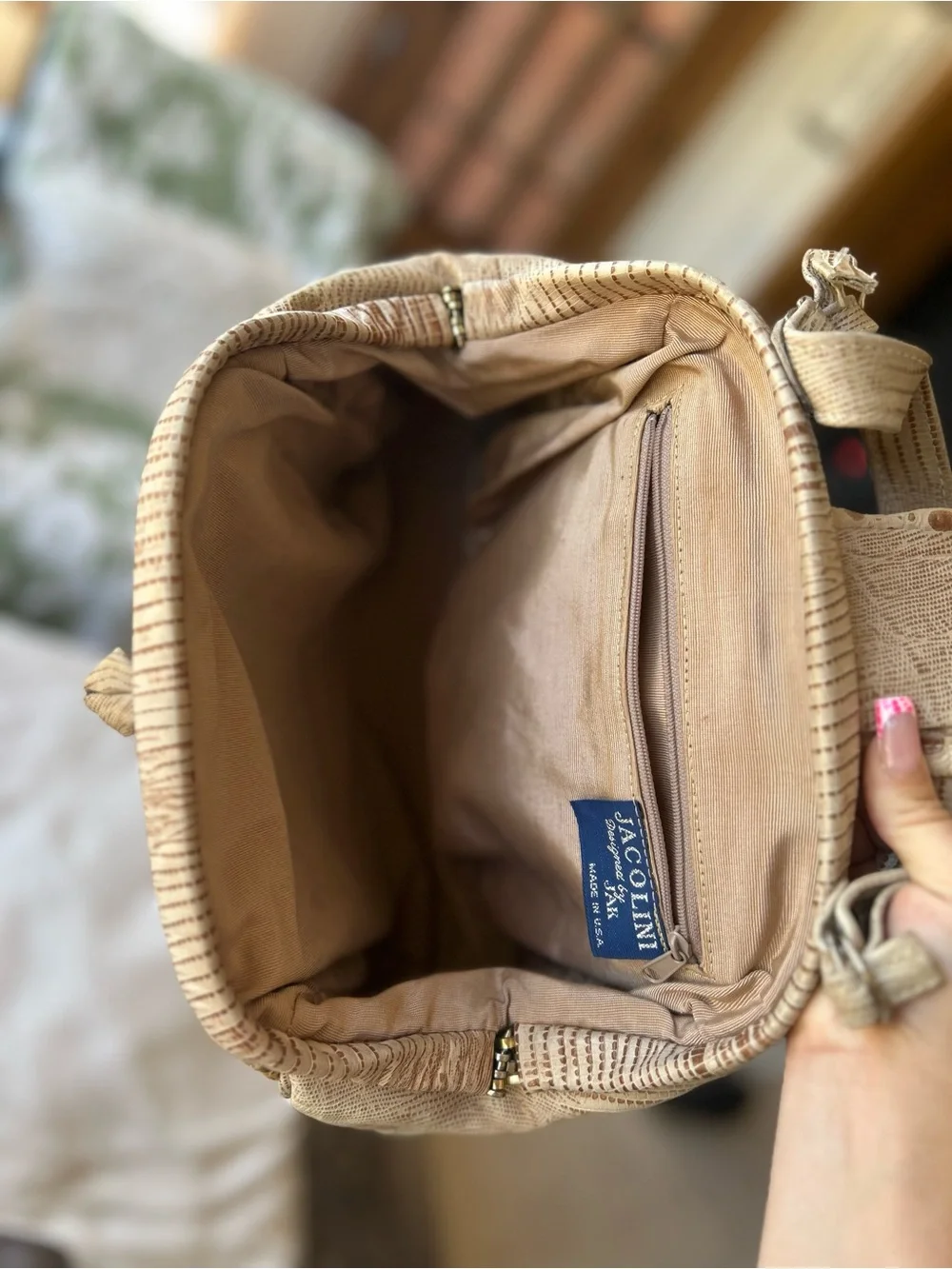 Women’s Patchwork Leather Satchel Handbag in Beige and Brown - Picture 6 of 6
